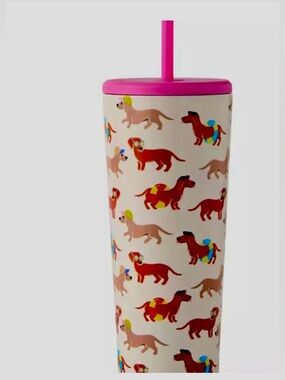 Stainless Steel Tumbler with Pink Lid & Dachshund Print